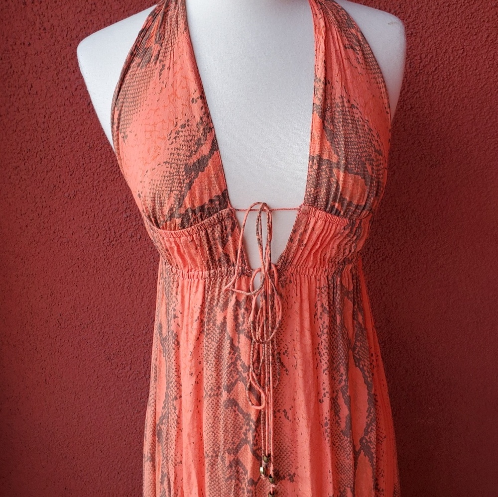 Halter Maxi Dress in Coral Pink - Sleeveless Beach Dress - Picture 2 of 5